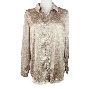 Japna Womens Beige Cheetah Leopard Print Silky Soft Button Up Blouse Top Size L